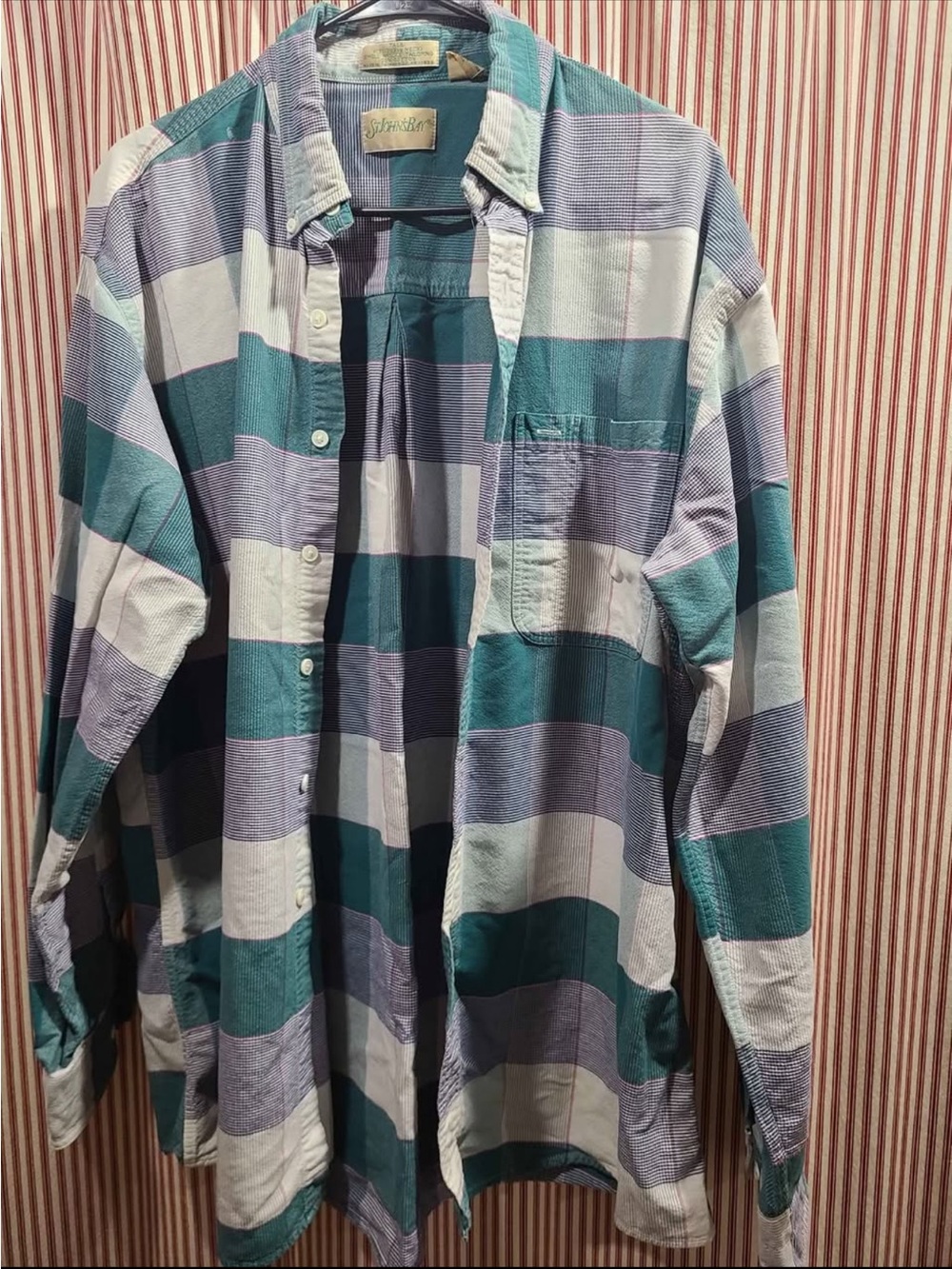 St. John's Bay Teal, White and Light Blue Plaid Button-Down Shirt